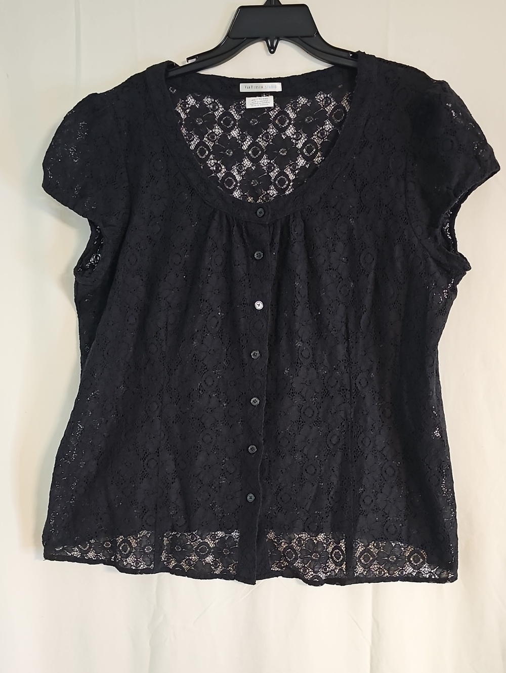 Van Heusen_ Studio Black Short-Sleeve Lace Button Front Blouse